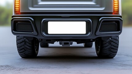 Close-up view of a black vehicle's rear bumper, showcasing modern design and rugged tires under natural lighting. number, registration, license plate mockup