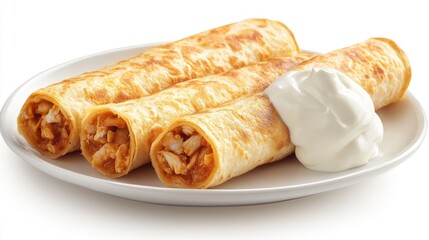 Plate of flautas filled with chicken and served with sour cream on a white surface