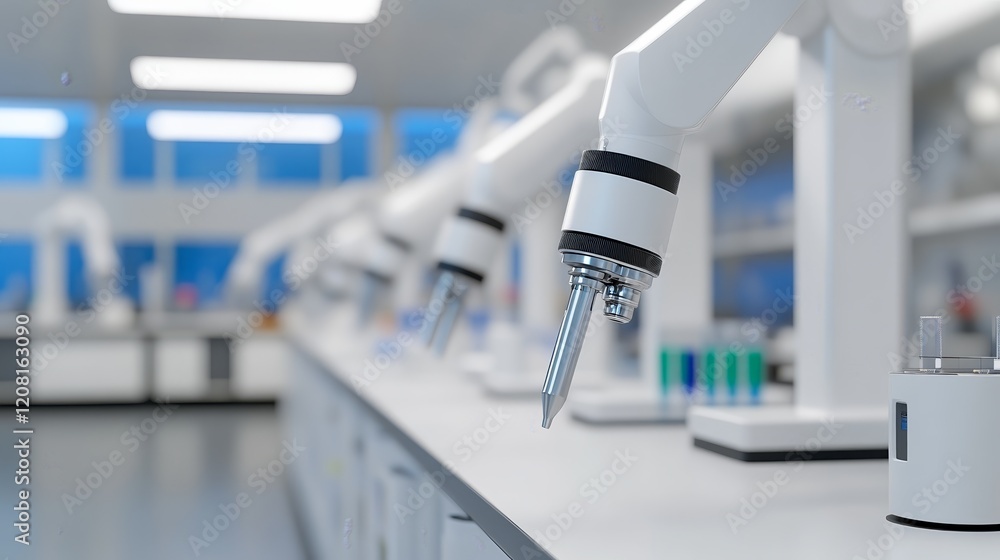 Poster a modern laboratory with robotic arms for precise scientific research and automation.