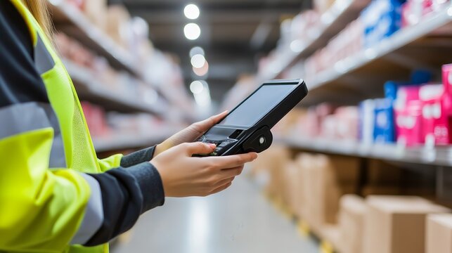 A worker in a warehouse using a handheld device for inventory management.
