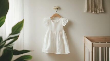 A tiny white dress hanging on a wooden hanger in a minimalist nursery