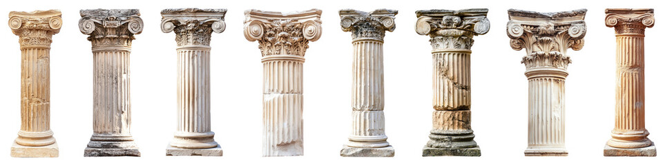 Obraz premium Classic greek pillar architecture png cut out element set, transparent background