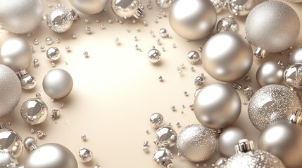 Fototapeta premium Silver Christmas baubles frame, beige background, holiday, festive, decor
