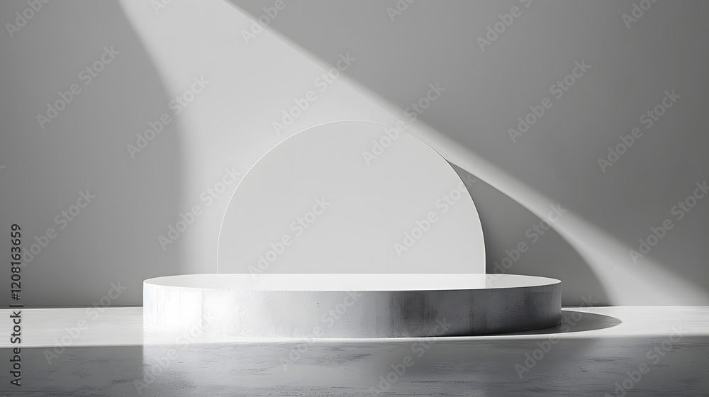 Poster Minimalist Display Podium with Circular Backdrop Casting Shadows in Modern Studio Setting Ideal for Clean and Contemporary Visual Presentations and Photoshoots