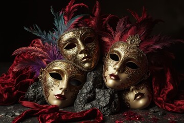 three masks with red and gold feathers
