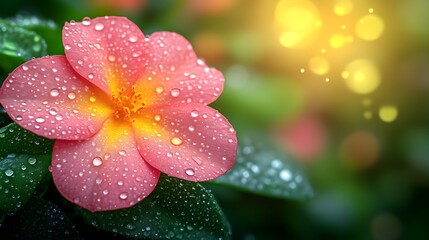 Fototapeta premium Dewdrops adorn a vibrant pink flower petal