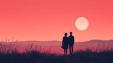 Fototapeta premium A couple silhouettes under a soft pink sky, minimalist Valentine's Day illustration with clean lines