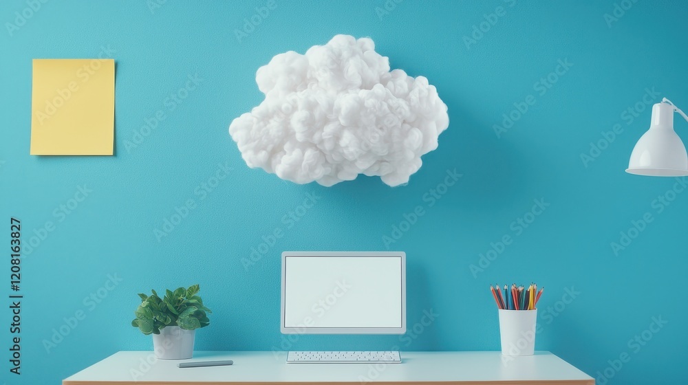 Poster visual metaphor for innovation and creativity in a modern workspace with cloud elements and bright d