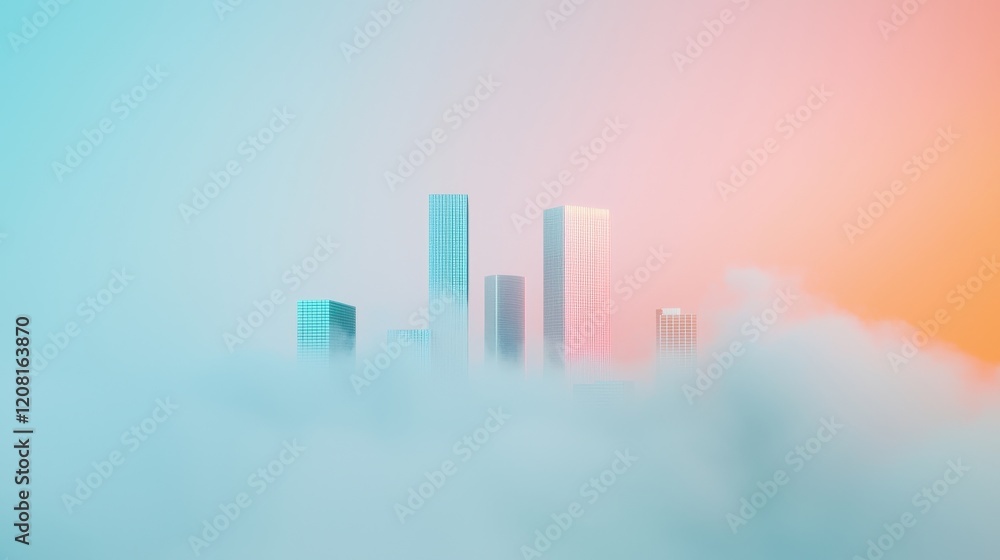 Poster vibrant city skyline surrounded by smog with soft color gradient in the background