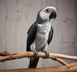 Fototapeta premium Black and white parrot on a wooden perch with a simple background, black parrot, nature, simple background