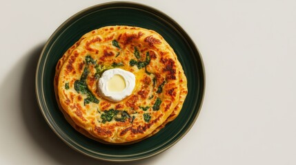 Plate of stuffed paratha served with a dollop of butter and yogurt on a white backdrop