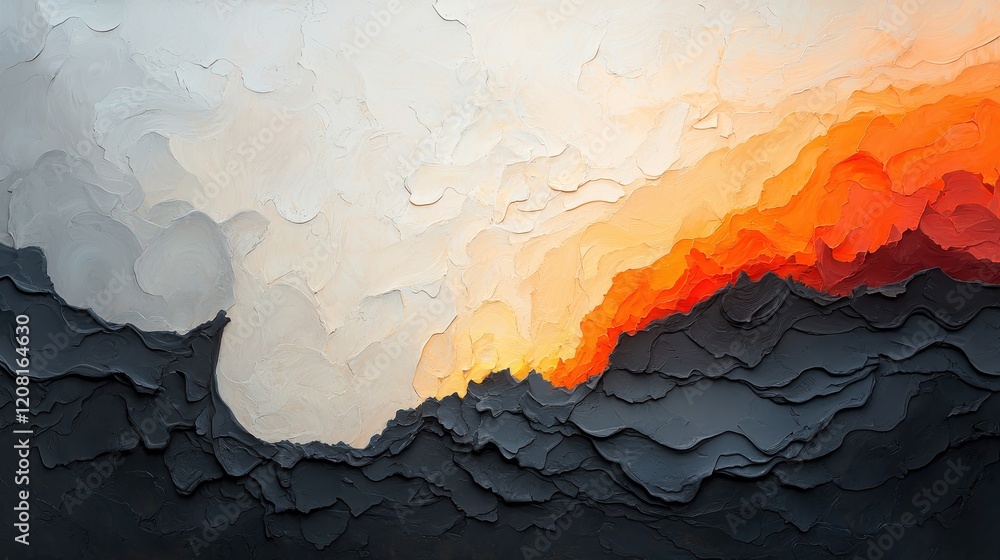 Poster vivid contrasts of light and shadow in abstract landscape artwork with textured layers and dynamic c