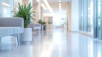 Fototapeta premium Modern, stylish hospital with blurred background. Clean, bright interior with comfortable seating and plenty of natural light. State-of-the-art equipment