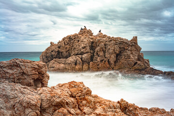 waves crashing against a rock, large rock in the sea with cormorants perched on it