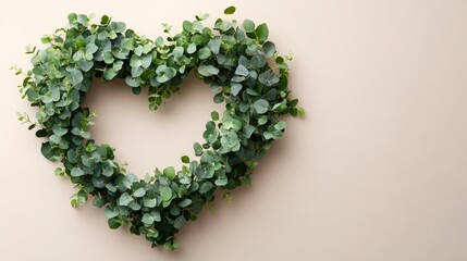 A heart-shaped wreath with soft greenery, minimalist Valentine's Day decoration 
