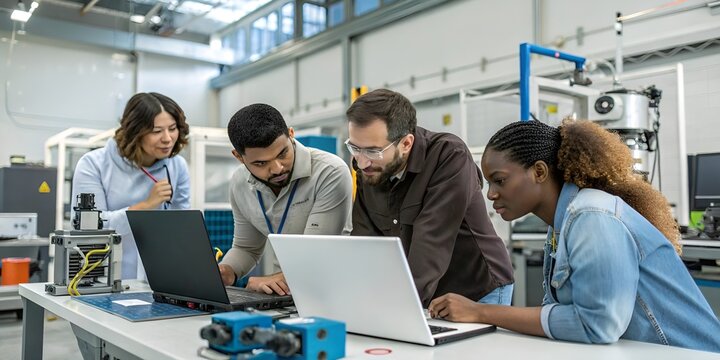 Diverse Team of Engineers Collaborating on Manufacturing Project in a Research Facility. Colleagues Analyzing Data Using Laptop Computer and Brainstorming for a Technologically Advanced Invention