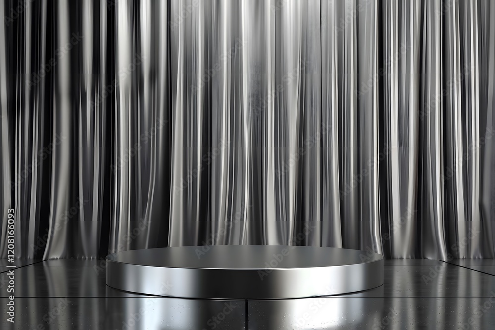 Poster Modern Stage Setting with Shiny Metallic Circular Platform and Elegant Flowing Drapes, Ideal for Performance, Presentation, or Photography Events Capturing Creativity and Style
