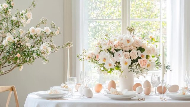 Elegant easter table setting showcases a vase with flowers and pastel colored eggs