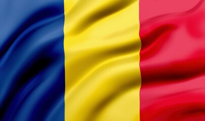 Fototapeta premium Flag of Romania blowing in the wind. full page flying flag, 3d illustration