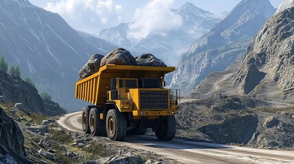 Naklejka premium Mountain Quarry Truck Hauling Rocks
