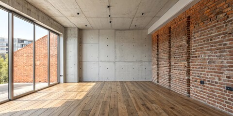stock photo features a modern concrete room with a brick wall, an empty wooden floor, and a concrete wall in background