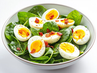 Elegant spinach salad with boiled eggs and speck, highlighted on a white background with soft lighting.