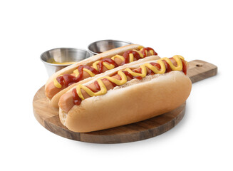 Tasty hot dogs with ketchup and mustard isolated on white