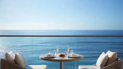 A tranquil balcony overlooking the ocean with a simple table set for two