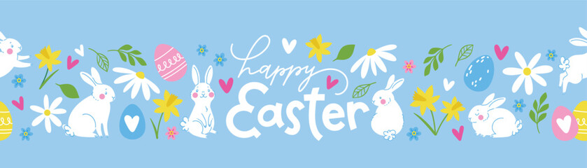 Cute hand drawn easter bunnies, spring flowers and eggs seamless design. Easter doodle background. Vector design illustration