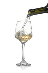 Pouring wine into glass on white background