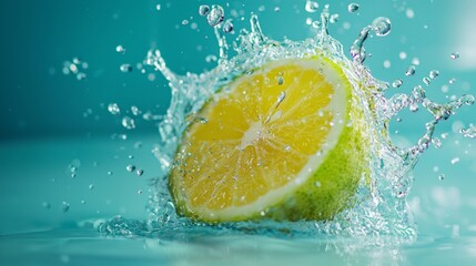 Splashing lime slice in crystal-clear water