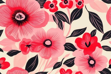 Padr&atilde;o floral cont&iacute;nuo com flores estilizadas em tons vibrantes de rosa, laranja e preto, com folhas detalhadas em fundo claro, criado com IA generativa.
