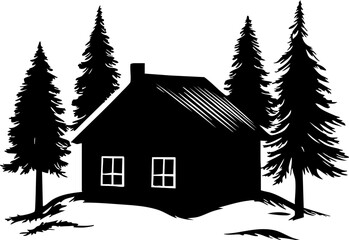 Silhouette of a Cabin Surrounded by Tall Evergreen Trees on a White Background, Ideal for Nature Themes or Illustrations