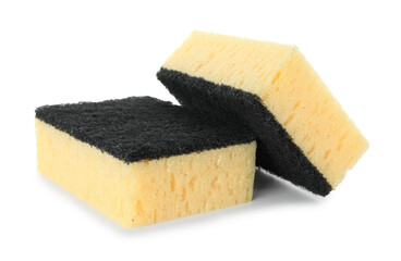 Two yellow sponges isolated on white. Cleaning supply
