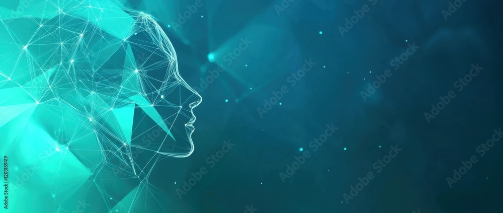 Poster abstract polygonal background with a human head and neural connection lines in a blue-teal color for