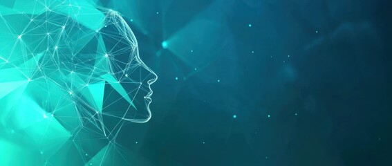Abstract polygonal background with a human head and neural connection lines in a blue-teal color for an artificial intelligence, machine learning, or digital technology concept template Generative AI