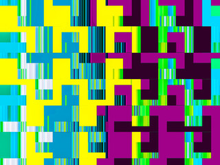 abstract 3d background, rectangular tetris bloc shapes background in full and striped bright colors, yellow, light blue, pink, plum, green