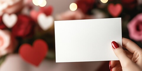 Close-up of a woman's hand holding a white blank card, with red nails, roses, and a heart-shaped box in the background, creating a Valentine's Day theme.