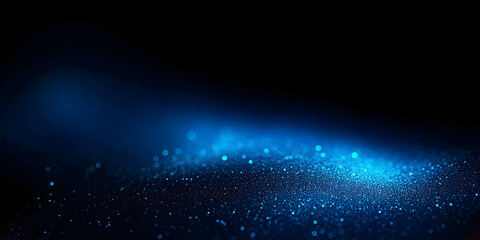 Dark grainy background, glowing blue abstract noise texture shape on black banner poster header backdrop, copy space