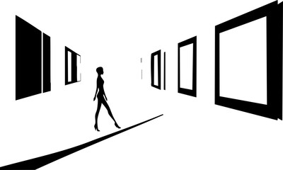 Abstract Black and White Silhouette Walking Through Gallery with Empty Frames for Art and Design Projects