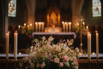 A tranquil Good Friday service in a candlelit church with floral arrangements