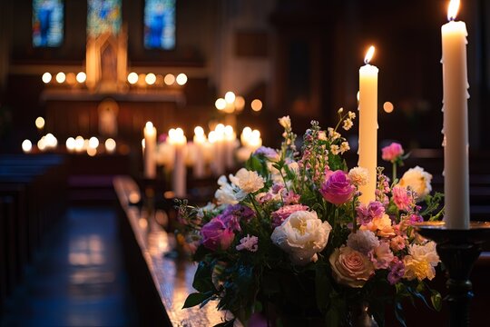 A tranquil Good Friday service in a candlelit church with floral arrangements