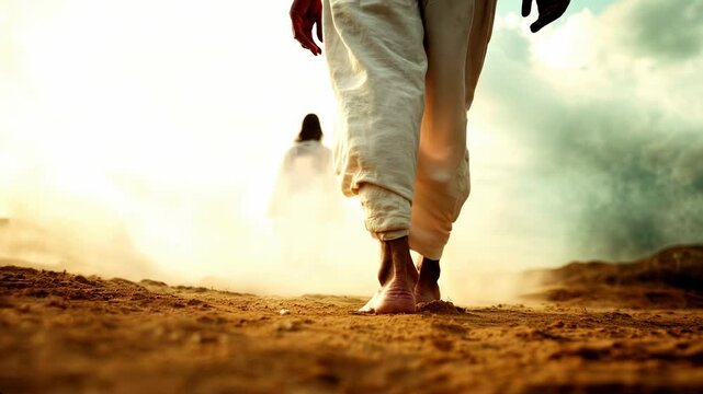 A man s feet walking on sand, following jesus towards divine enlightenment and spiritual faith.