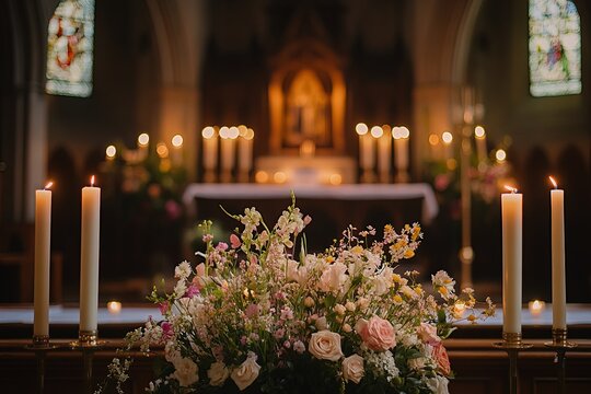 A tranquil Good Friday service in a candlelit church with floral arrangements - Powered by Adobe