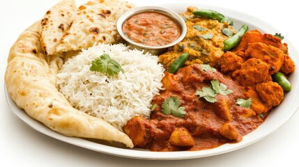 Traditional thali meal with multiple curries, rice, and bread arranged on a white plate