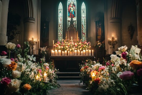 A tranquil Good Friday service in a candlelit church with floral arrangements