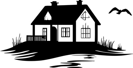 Minimalist black and white illustration of a house by water with a bird, ideal for home decor and design projects.