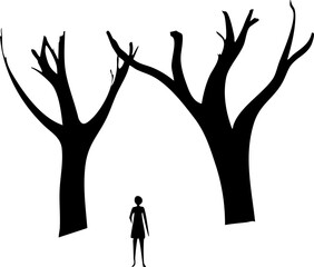 Silhouette of a Woman Standing Between Two Bare Trees - A Minimalist Illustration for Reflection and Emotion