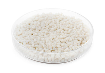 Plastic granules in petri dish isolated on white