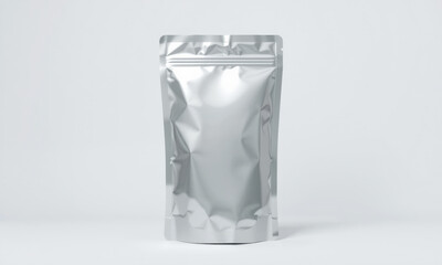 Sleek silver foil pouch mockup for packaging, ideal for showcasing products with modern touch. Perfect for food, cosmetics, or other items